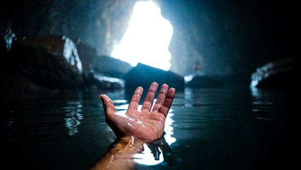 A human hand emerges from dark, rippling water in a mysterious cave, reaching towards a brilliant,...