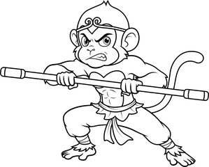 Angry Monkey King with Staff Line Art