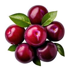  pile of plums with leaves top view isolated on white or transparent