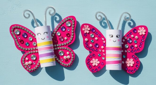 Two cheerful decorated paper butterflies on blue surface