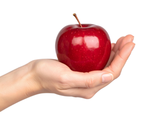 Fresh Red Apple Held in Open Palm Isolated on Transparent Background.
