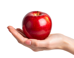 Fresh Red Apple Held in Open Palm Isolated on Transparent Background.