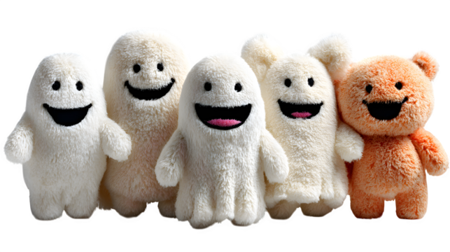 Set of 5 ghost plush toys, isolated on white background
