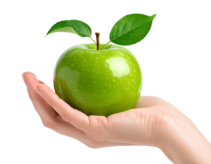 Hand Holding Green Apple with Leaves, Isolated PNG.