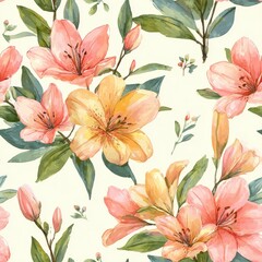 Exquisite Floral Seamless Pattern With Watercolor Azalea Flowers And Green Leaves