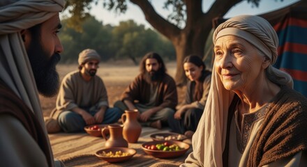 Elderly woman with a serene expression looking at a man, sharing a meal outdoors with people in biblical era clothes. Hospitality concept.