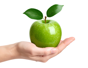 Hand Holding Green Apple with Leaves, Isolated PNG.