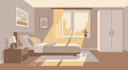 Cozy bedroom interior with sunlight streaming through the window vector illustration