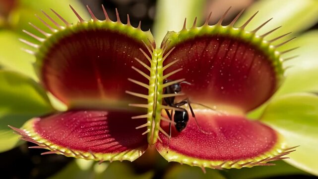 Venus flytrap with red interior and spiky edges, containing a captured black ant
