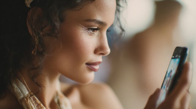 Young biracial woman with spiderweb eye makeup looking at smartphone in close-up portrait. Halloween beauty, digital self-expression, influencer culture, seasonal tutorials.