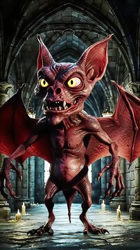 Menacing Bat-Like Creature Standing Fiercely in Gothic Castle with Dim Gothic Lighting and Candles
