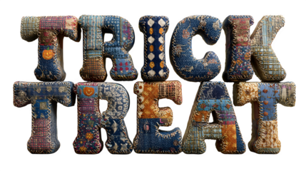 "Trick or Treat" letters made of stitched fabric with patchwork Halloween patterns, isolated on white background