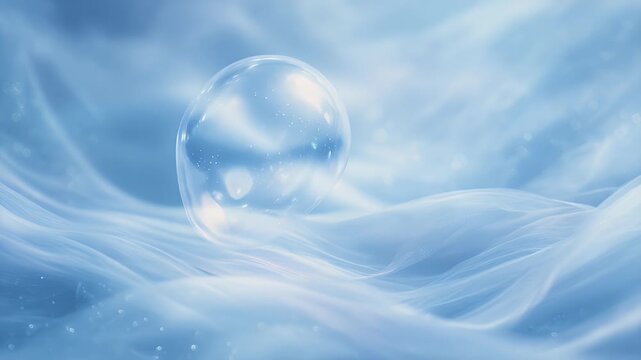 glowing soap bubble floating in middle of soft blue mist and gentle sudsy ripples