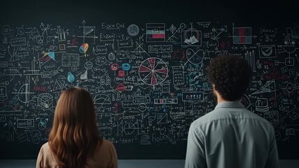 Two people stand before a black wall covered in white mathematical equations and graphs - Powered by Adobe