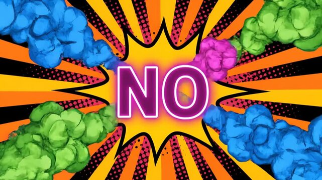 Close-up view of a vibrant 'NO' word in a retro comic book style, featuring colorful smoke bursts against an orange and black radial background with a bold, energetic
