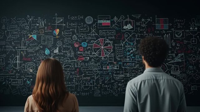 Two people stand before a black wall covered in white mathematical equations and graphs