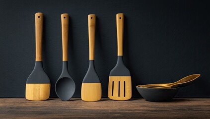 Kitchen tools, dark background, wooden surface, cooking utensils, stylish design