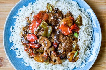 Classic Chinese Style Beef and Black Bean Meal With Boiled White Rice
