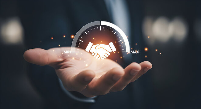 Business Hand Holding Digital Speedometer with Handshake Icon in Futuristic Technology Concept for Innovation and Progress in Modern Business Environment