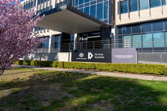 Forrest, Canberra, Australia - September 7, 2025: Services Australia sign at Doris Blackburn Building on Canberra Avenue in Forrest, Canberra, Australia.
