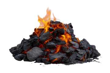 Burning charcoal pile, flames rising