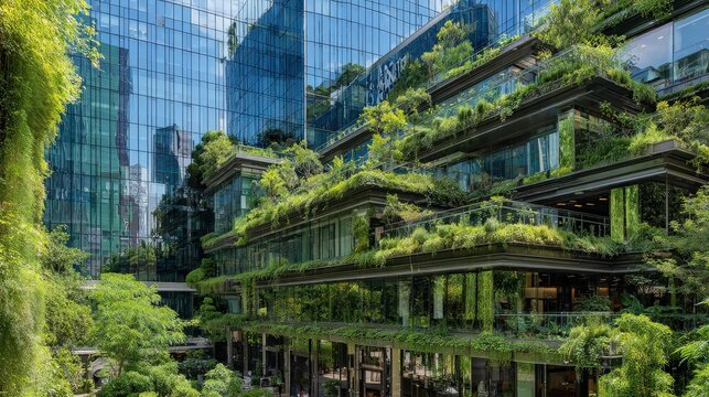 A modern building adorned with lush greenery and plants, showcasing a harmonious blend of architecture and nature in an urban setting.