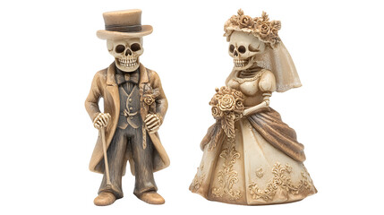 Obraz premium Skeleton couple figurine in wedding outfits, isolated on white background