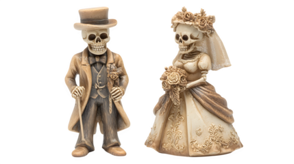 Skeleton couple figurine in wedding outfits, isolated on white background