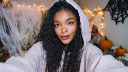 Young Black woman in hoodie taking a selfie with spiderweb face paint in a cozy Halloween-themed room. Digital comfort, self-expression, remote culture, seasonal identity.