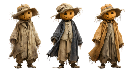 HD realistic clipart set of eerie jack-o-lantern scarecrows isolated on white background