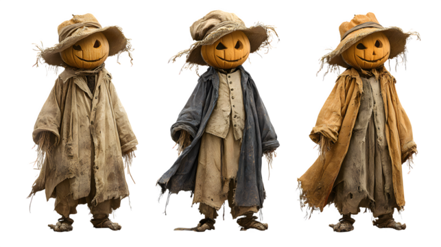 HD realistic clipart set of eerie jack-o-lantern scarecrows isolated on white background