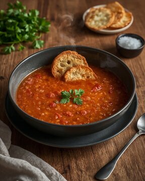 Hei&szlig;e Linsen-Tomaten-Suppe wird mit knusprigen Brotchips und frischem Koriander serviert