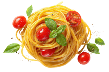 Nestled spaghetti with cherry tomatoes and basil
