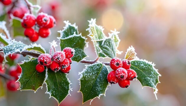 Frosted holly branches with red berries - Powered by Adobe