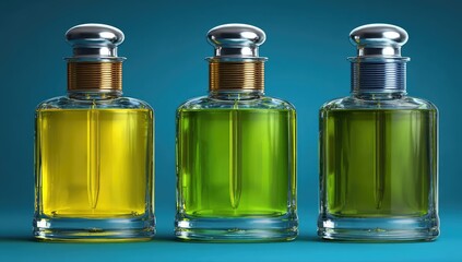 Three colored perfumes studio shot, teal background, advertising