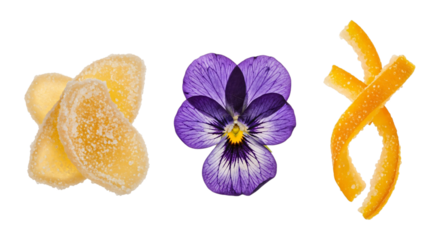 Candied ginger, pansy flower, and orange peel isolated on transparent background