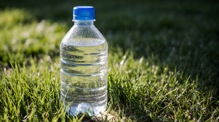 Plastic water bottle standing on green grass outdoors in sunlight
