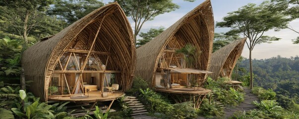 Three unique, eco-friendly bamboo houses nestled in lush greenery, showcasing modern design harmonizing with nature.