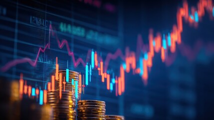 A digital financial graph overlaid on stacks of coins, representing market trends and investment data.