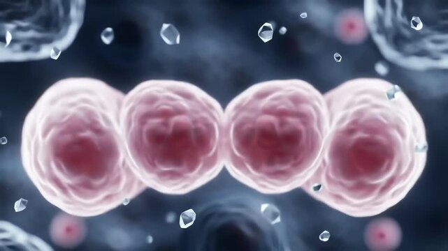 a single fertilized ovum splits into two glowing embryos, identical twins forming in perfect mirror symmetry