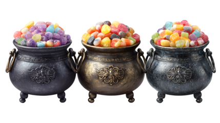 Collection of 3 cauldrons with candy overflow, isolated on white background