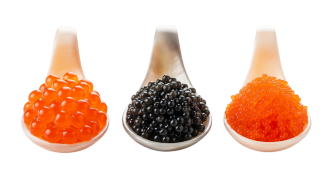Three spoons with different types of caviar isolated on transparent background