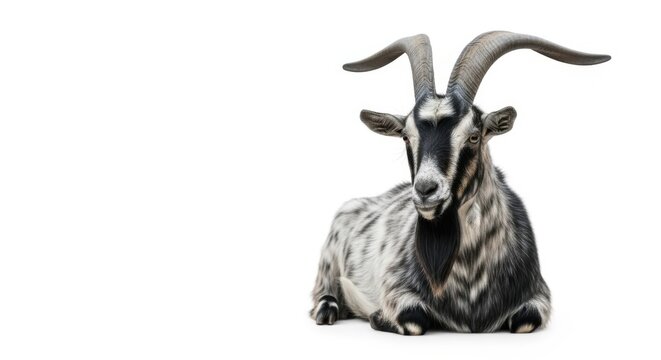 A Majestic Goat Lying Down with Large Horns