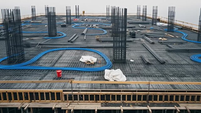 Construction site with steel rebar, blue tubing, and wooden formwork on overcast day