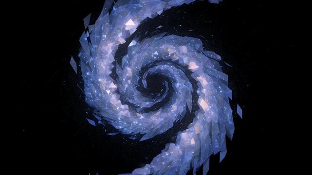 dynamic spiral form, low poly shards arranged in circular swirl over dark void