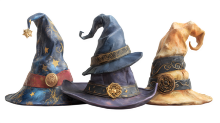Trio of witch hats in different designs, isolated on white background