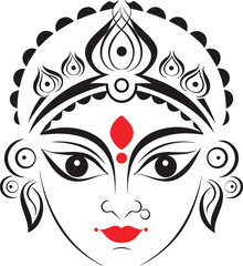 Black and white graphic of a deity face with red accents