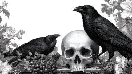 Gothic raven and skull border for dark-themed Halloween party invite, isolated on white background