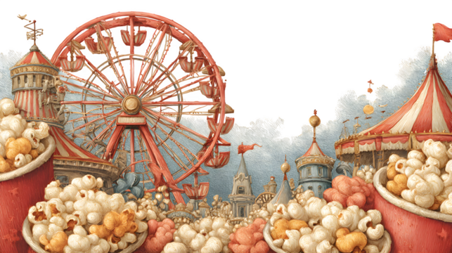Haunted carnival Halloween invite with Ferris wheel and popcorn border, isolated on white background