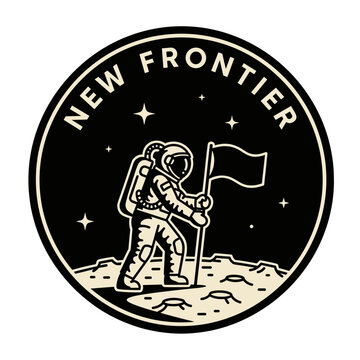 New Frontier astronaut planting a flag on the moon. Space exploration mission emblem. Vintage style vector illustration for a patch or logo.